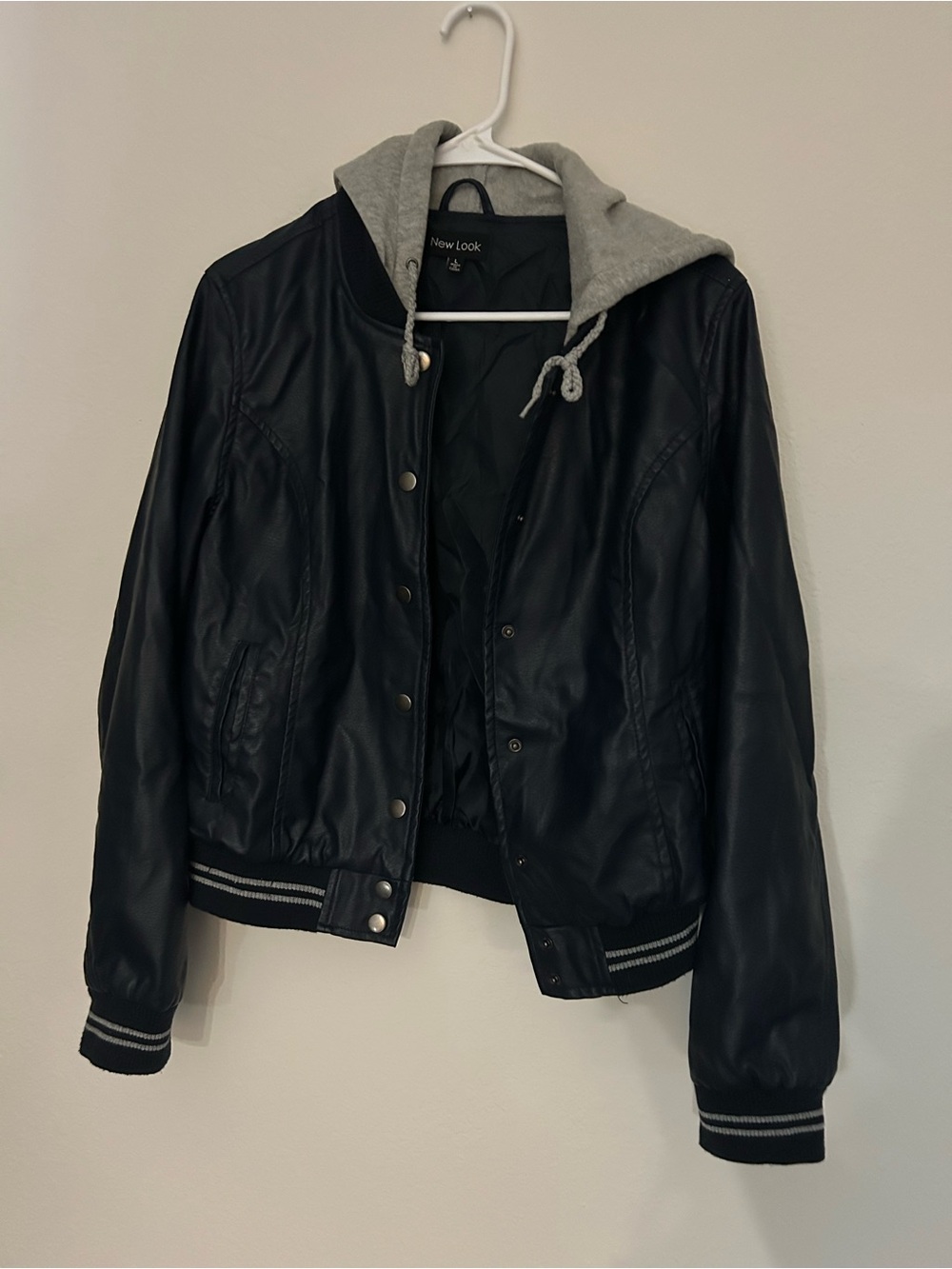 Faux Leather Jacket with Gray Hood